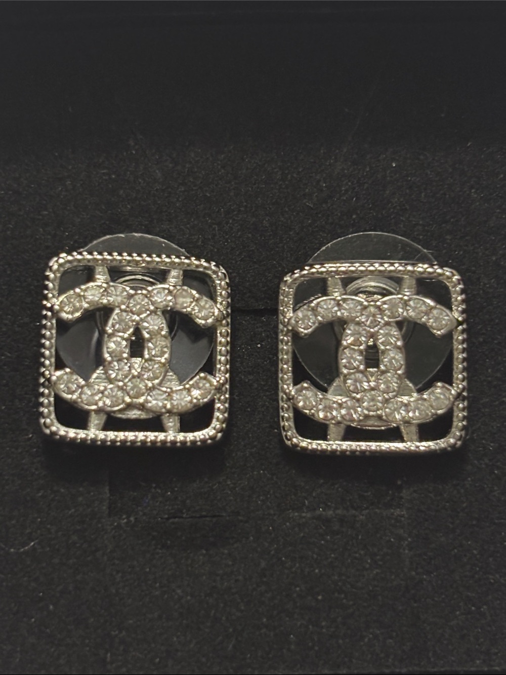 CC Silver Crystal Interlocking Logo Square Stud Earrings